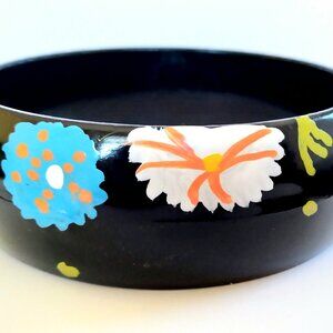 Vintage Hand Painted Black with Bright Flowers Plastic Bangle Bracelet